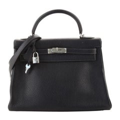 Hermes Kelly Handbag Bleu Indigo Clemence with Palladium Hardware 32