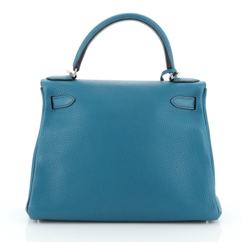 Blue Hermes Kelly Handbag Bleu Izmir Clemence with Palladium Hardware 28