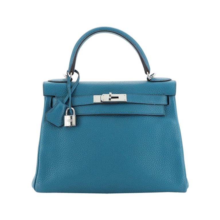 Hermes Kelly Handbag Bleu Izmir Clemence with Palladium Hardware 28