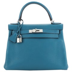 Hermes Kelly Handbag Bleu Izmir Clemence with Palladium Hardware 28