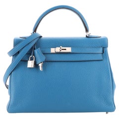 Hermes Kelly Handbag Bleu Izmir Clemence with Palladium Hardware 32