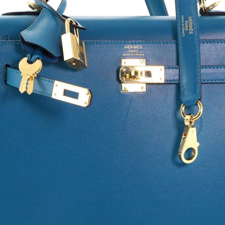Hermes Kelly Handbag Bleu Izmir Tadelakt with Gold Hardware 25 at 1stDibs