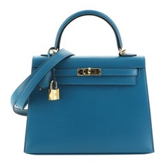 Hermes Kelly Handbag Bleu Izmir Tadelakt with Gold Hardware 25