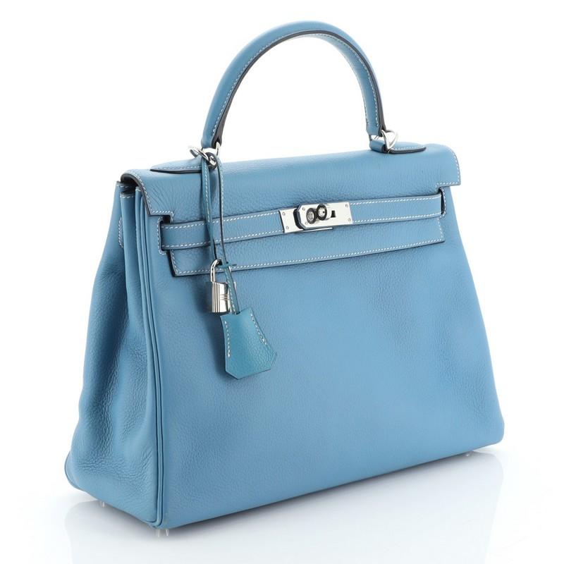 Blue Hermes Kelly Handbag Bleu Jean Clemence With Palladium Hardware 32 