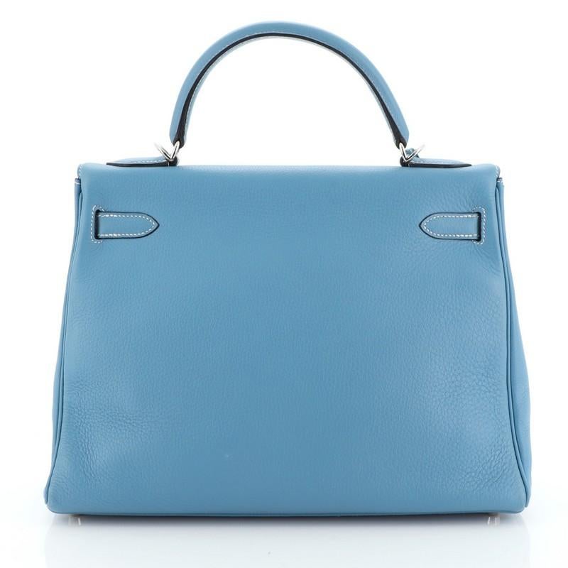 Hermes Kelly Handbag Bleu Jean Clemence With Palladium Hardware 32  In Good Condition In NY, NY