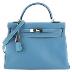 Hermes Kelly Handbag Bleu Jean Clemence With Palladium Hardware 32 