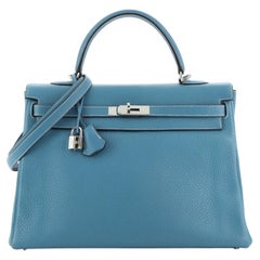 Hermes Kelly Handbag Bleu Jean Clemence with Palladium Hardware 35