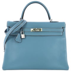 Hermes Kelly Handbag Bleu Jean Clemence with Palladium Hardware 35