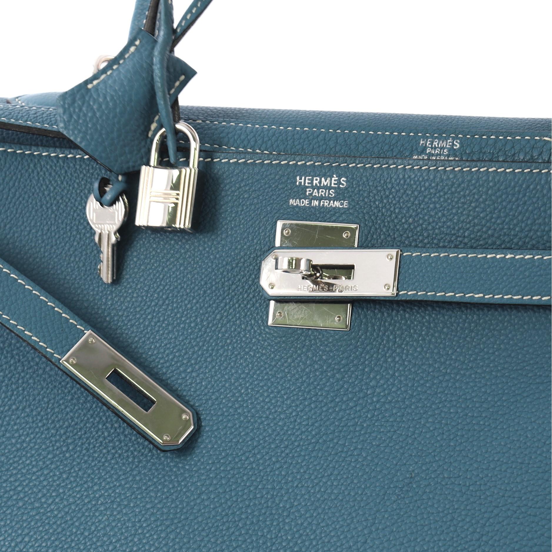 Blue Hermes Kelly Handbag Bleu Jean Togo with Palladium Hardware 35