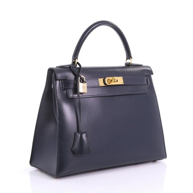 Hermes Kelly Handbag Bleu Marine Box Calf with Gold Hardware 28 For Sale at 1stdibs