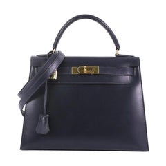 Hermes Kelly Handbag Bleu Marine Box Calf with Gold Hardware 28