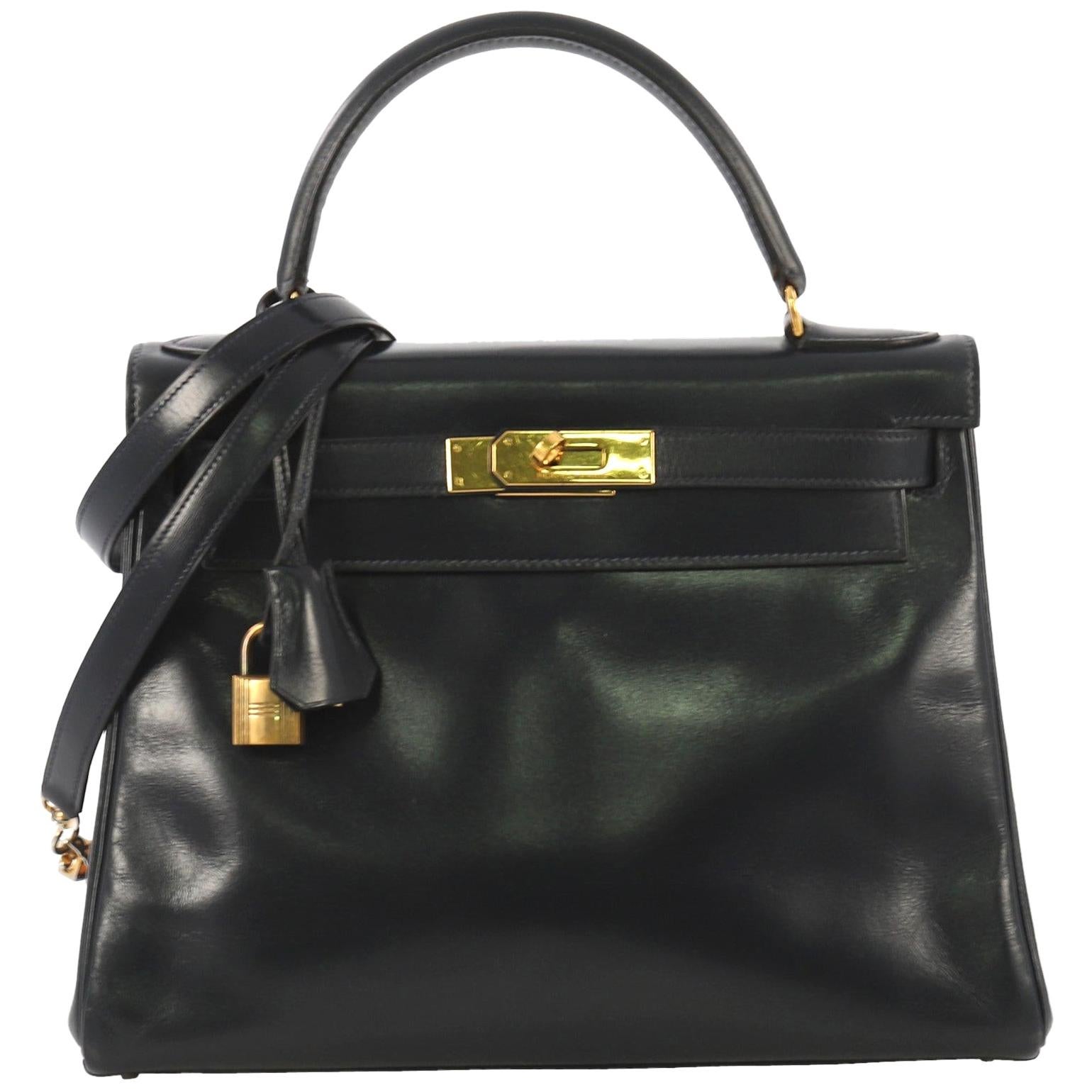 Hermes Kelly Handbag Bleu Marine Box Calf with Gold Hardware 28