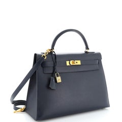 Hermès Kelly Handtasche Bleu Marine Courchevel mit goldenen Beschlägen 32