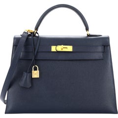 Hermes Kelly Handbag Bleu Marine Courchevel with Gold Hardware 32