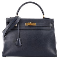 Hermes Kelly Handbag Bleu Marine Courchevel with Gold Hardware 32