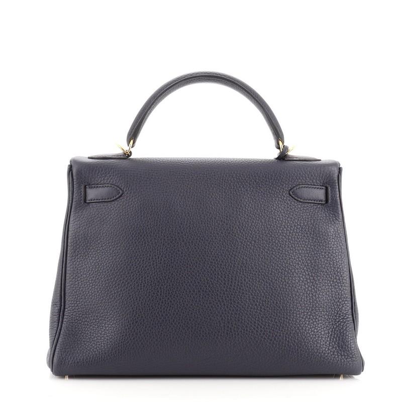 Black Hermes Kelly Handbag Bleu Nuit Clemence with Gold Hardware 32