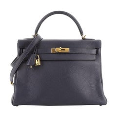 Hermes Kelly Handbag Bleu Nuit Clemence with Gold Hardware 32