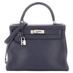 Hermes Kelly Handbag Bleu Nuit Clemence with Palladium Hardware 28