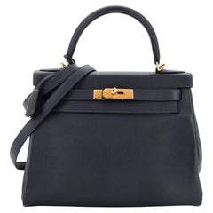 Hermes Kelly Handbag Bleu Nuit Evercolor with Gold Hardware 28