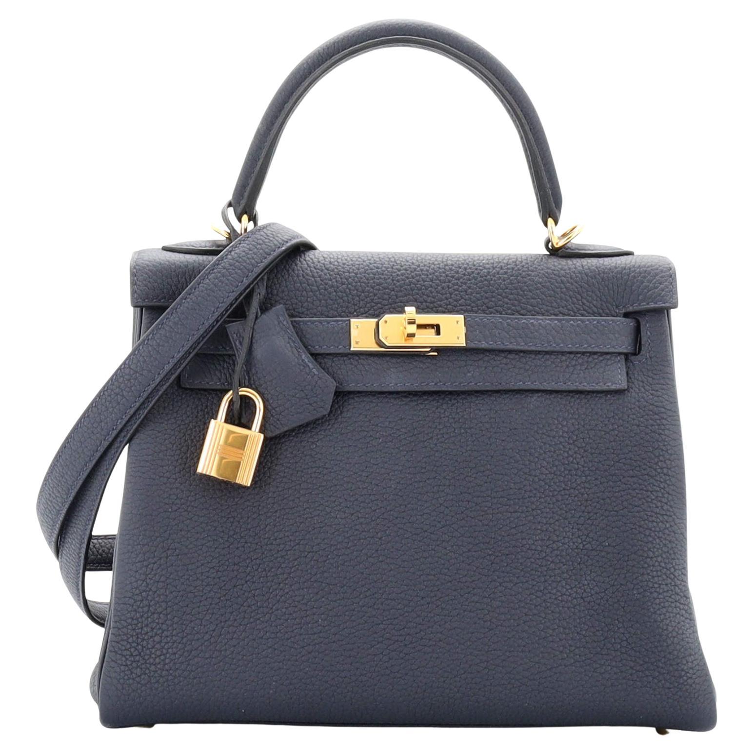Hermes Kelly Handbag Bleu Nuit Togo with Gold Hardware 25