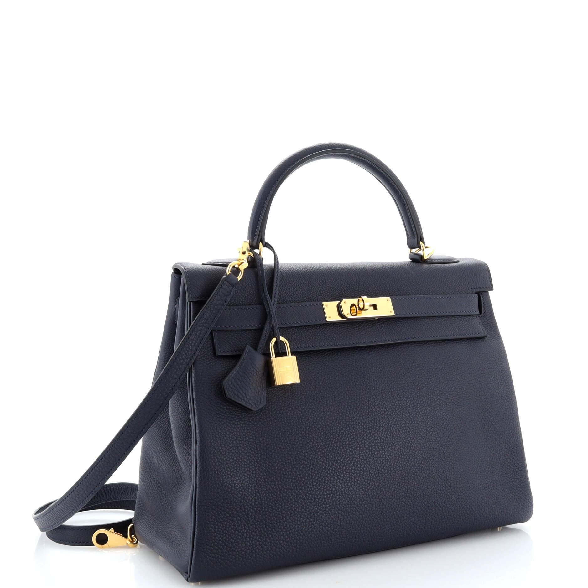 Hermes Kelly Handbag Bleu Nuit Togo with Gold Hardware 32 In Good Condition In NY, NY