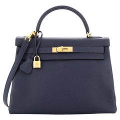 Hermes Kelly Handbag Bleu Nuit Togo with Gold Hardware 32