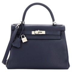 Hermes Kelly Handbag Bleu Nuit Togo with Palladium Hardware 28