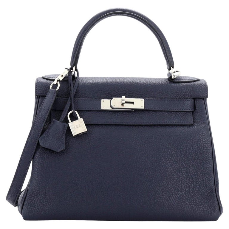 Hermes Kelly Handbag Bleu Nuit Togo with Palladium Hardware 28 Blue