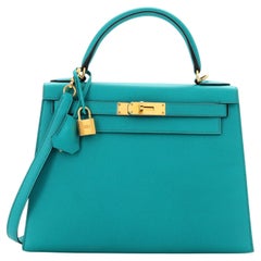 Hermes Kelly Handbag Bleu Paon Epsom with Gold Hardware 28