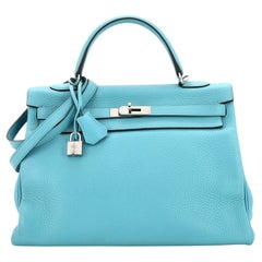 Hermes Kelly Handbag Bleu Saint-Cyr Clemence with Palladium Hardware 35