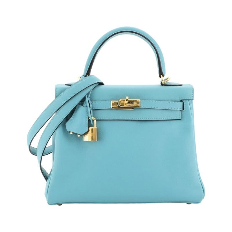 Hermes Kelly Handbag Bleu Saint Cyr Swift with Gold Hardware 25