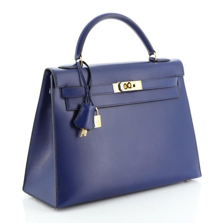 Hermes Kelly Handbag Bleu Saphir Box Calf with Gold Hardware 32 at 1stDibs