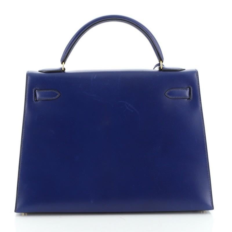 Purple Hermes Kelly Handbag Bleu Saphir Box Calf with Gold Hardware 32