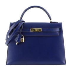 Hermes Kelly Handbag Bleu Saphir Box Calf with Gold Hardware 32