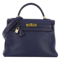 Hermes Kelly Handbag Bleu Saphir Clemence With Gold Hardware 32