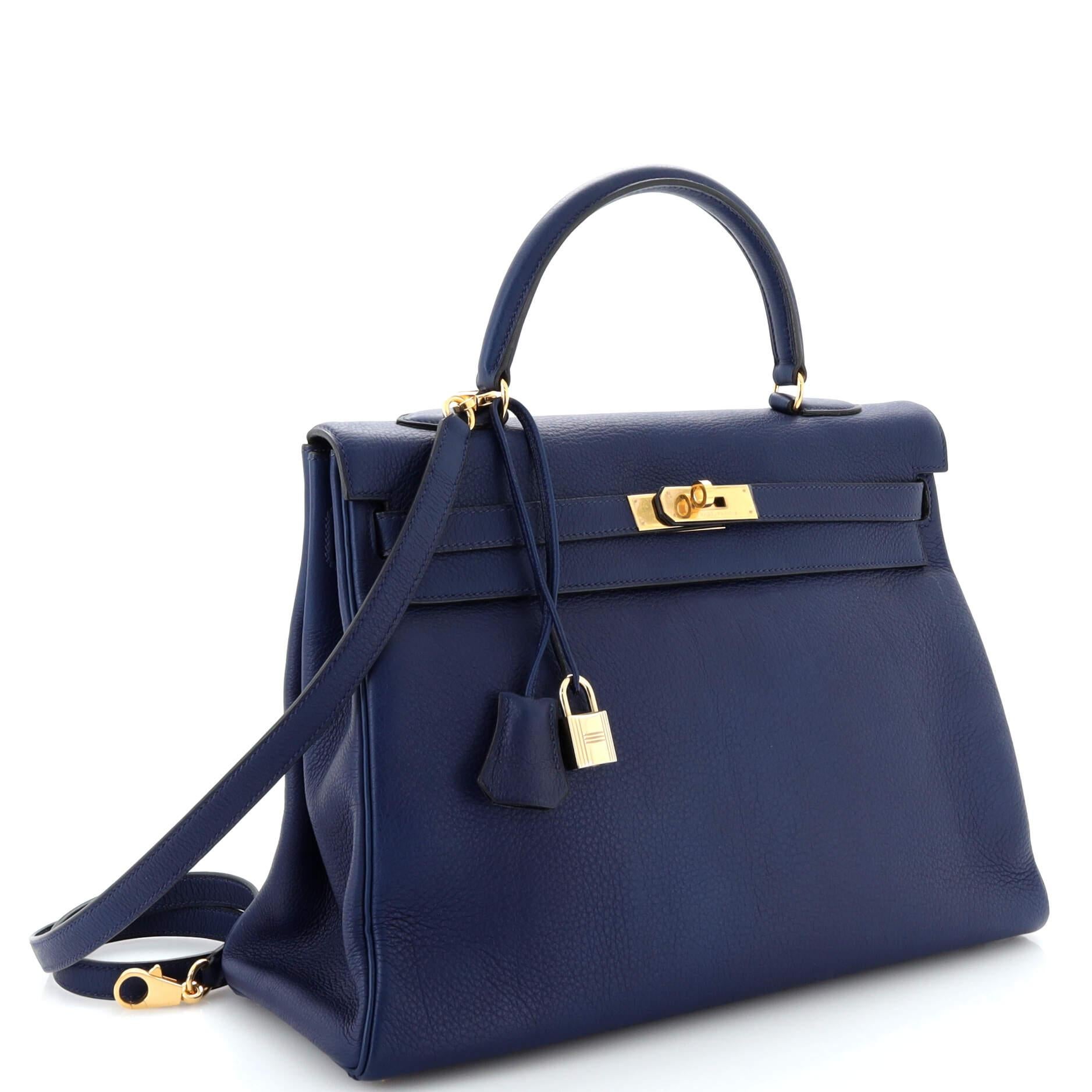 Hermes Kelly Handbag Bleu Saphir Clemence with Gold Hardware 35 In Good Condition In NY, NY