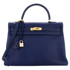 Hermes Kelly Handbag Bleu Saphir Clemence with Gold Hardware 35