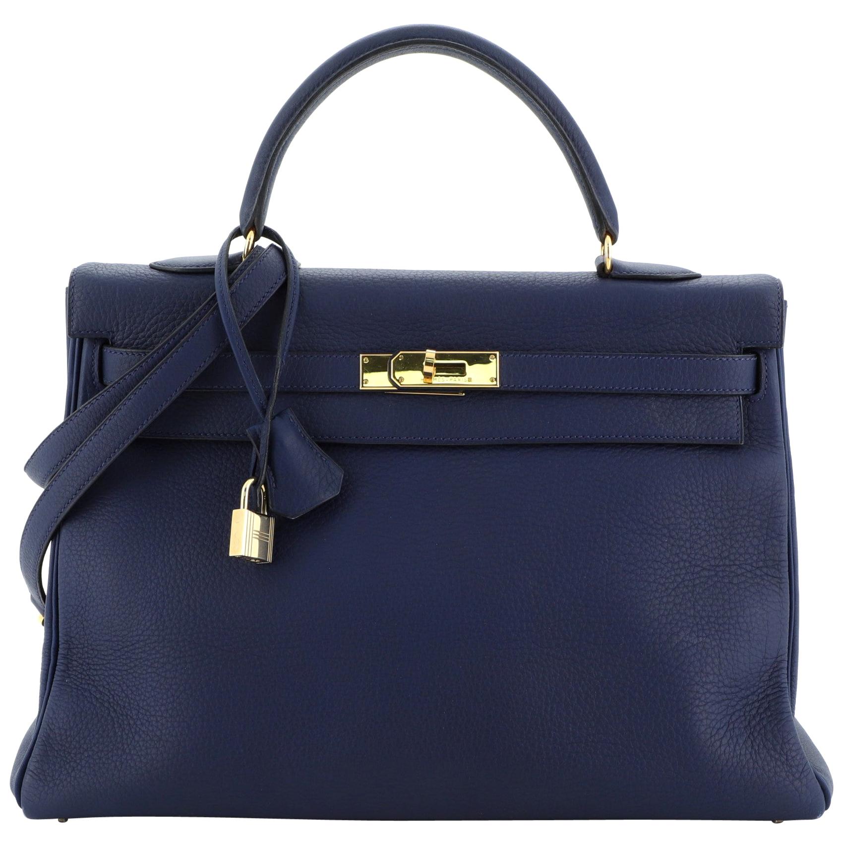 Hermes Kelly Handbag Bleu Saphir Togo With Gold Hardware 35 