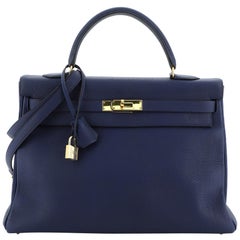 Hermes Kelly Handbag Bleu Saphir Togo With Gold Hardware 35