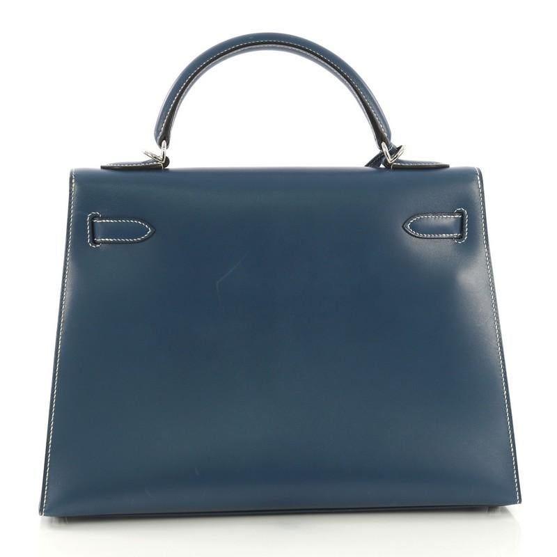 Blue Hermes Kelly Handbag Bleu Thalassa Box Calf with Palladium Hardware 32