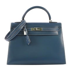 Hermes Kelly Handbag Bleu Thalassa Box Calf with Palladium Hardware 32