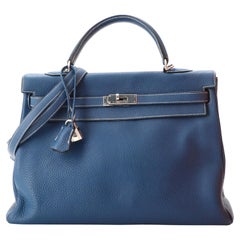 Hermes Kelly Handbag Bleu Thalassa Clemence with Palladium Hardware 35