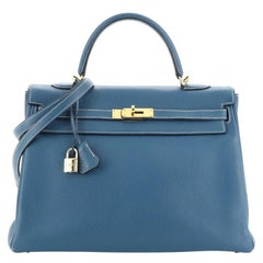 Hermes Kelly Handbag Bleu Thalassa Togo with Gold Hardware 35