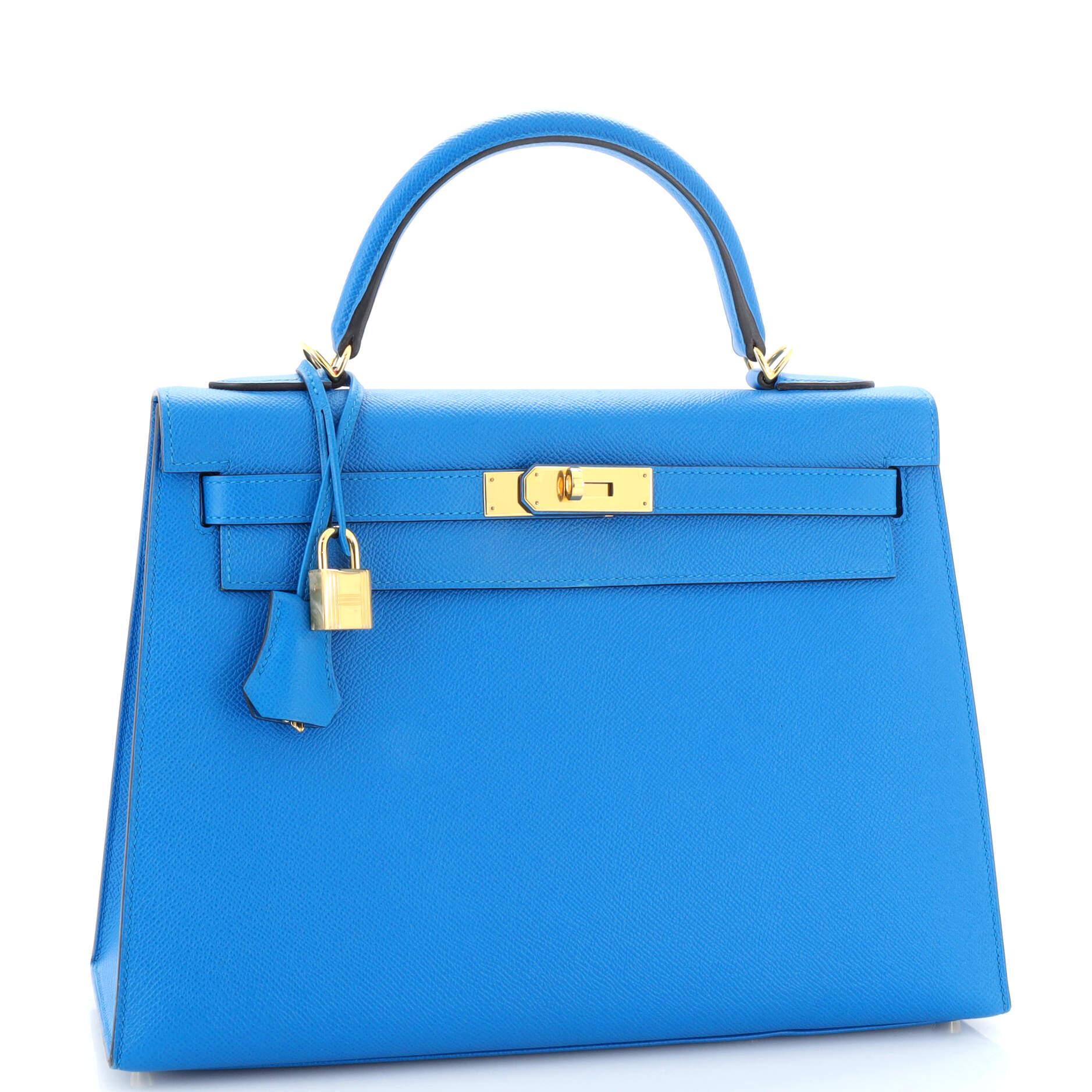 Hermes  Kelly Handbag Bleu Zanzibar Epsom with Gold Hardware 32 In Good Condition In NY, NY