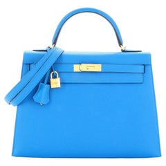 Hermes  Kelly Handbag Bleu Zanzibar Epsom with Gold Hardware 32