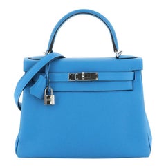 Hermes Kelly Handbag Bleu Zanzibar Togo with Palladium Hardware 28