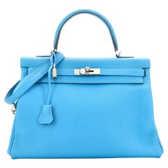 Hermes Kelly Handbag Bleu Zanzibar Togo with Palladium Hardware 35