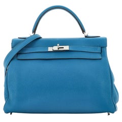 Hermes Kelly Handbag Blue Izmir Clemence with Palladium Hardware 32