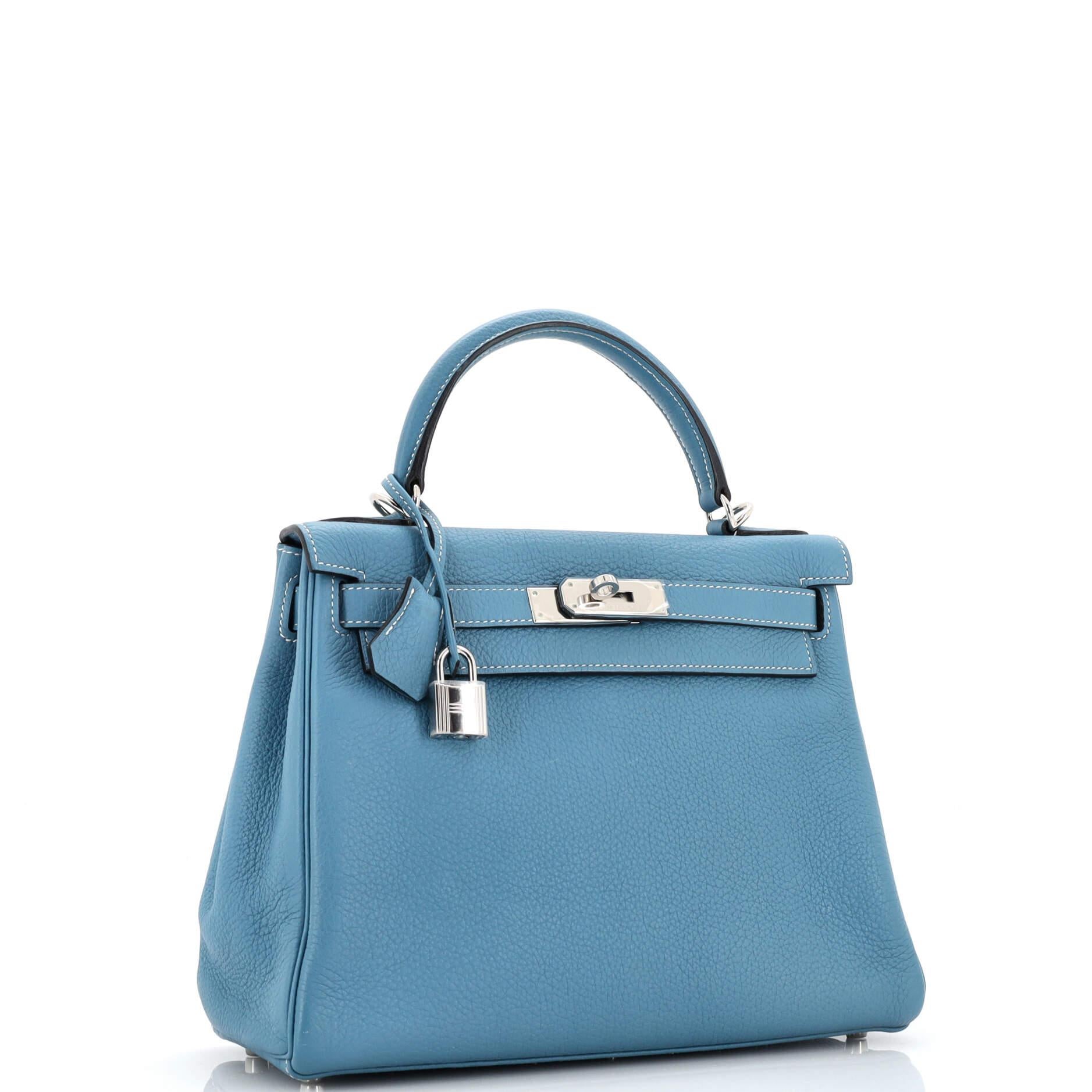 Hermes Kelly Handbag Blue Jean Clemence with Palladium Hardware 28 In Good Condition In NY, NY