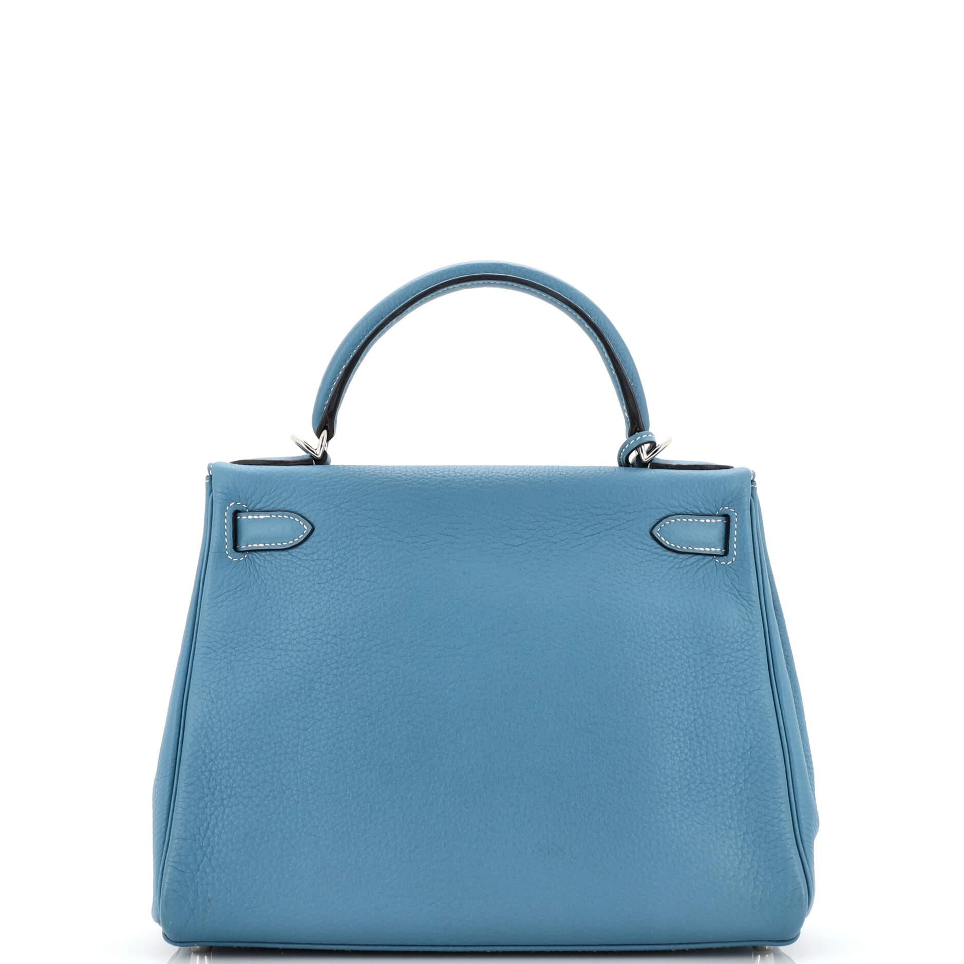 Women's Hermes Kelly Handbag Blue Jean Clemence with Palladium Hardware 28